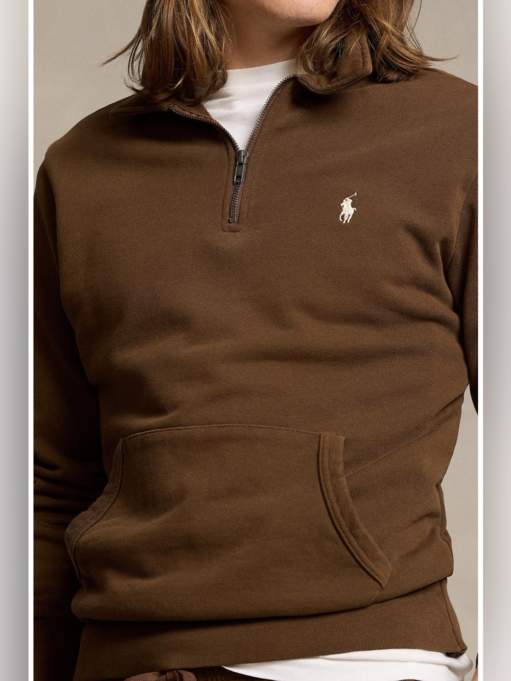Polo Ralph Lauren Brown French Terry Quarter Zip Sweatshirt Size Large Preppy - Picture 14 of 16